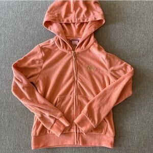 Juicy Couture Girls Velour Hoodie Sz 7 Y2K Cherry Bling Zip Up Peach Orange Logo